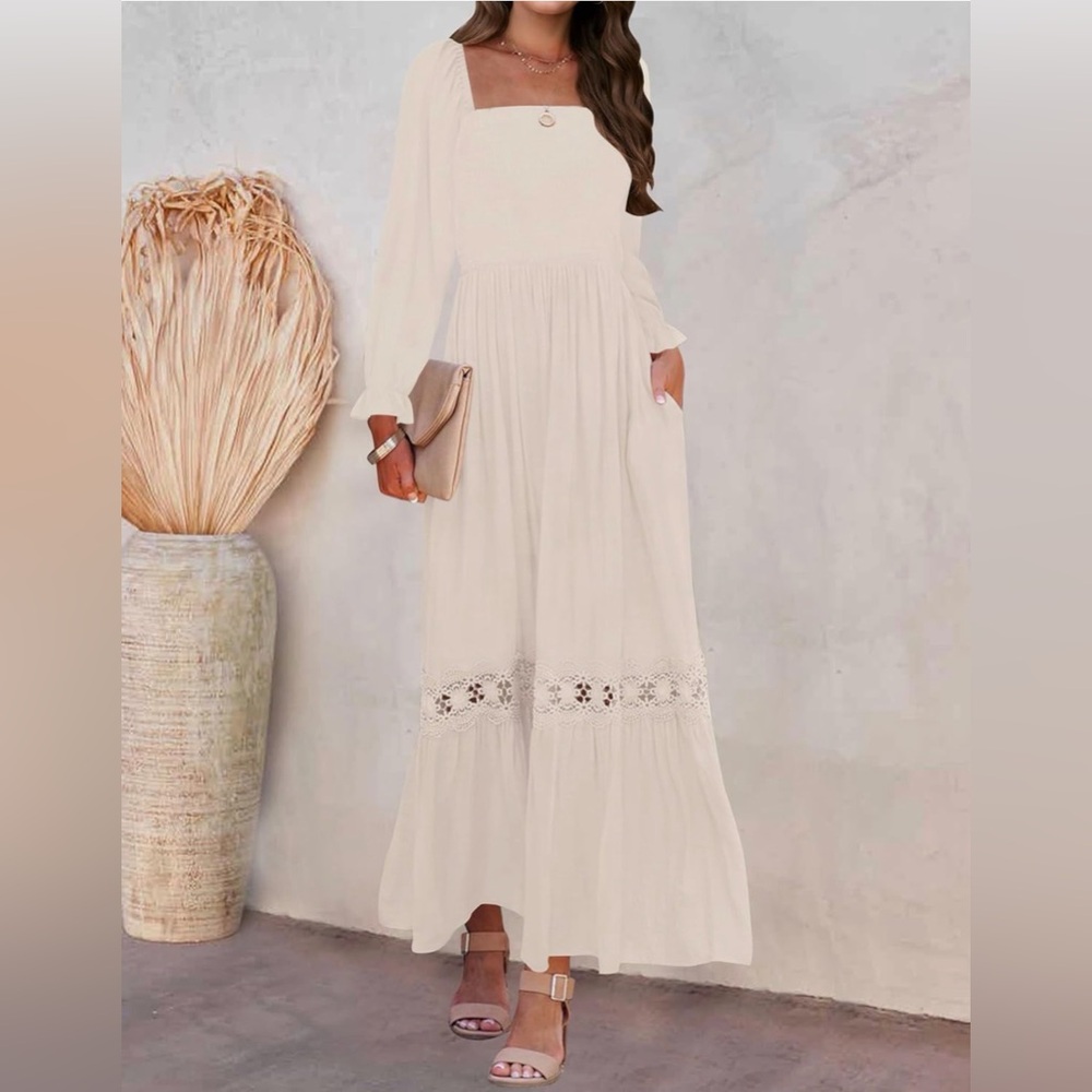 ZESICA Boho Long Sleeve Square Neck Smocked Maxi Dress ~Apricot~Size 4/6 ~ NWOT - Picture 11 of 16